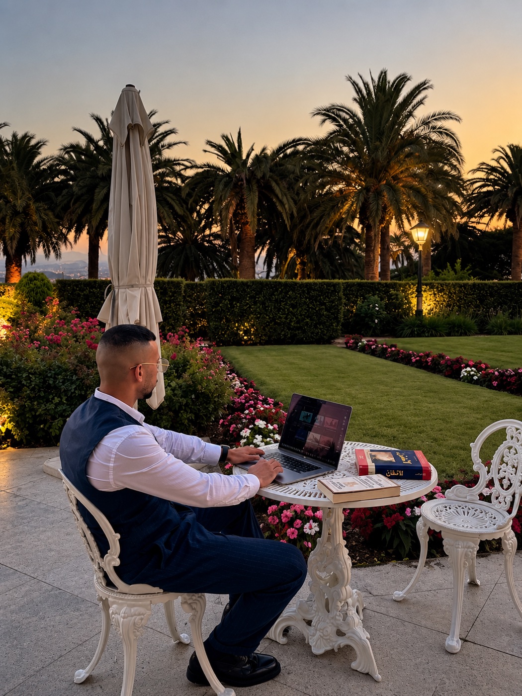 Simo trabajando con su portátil en un jardín al atardecer